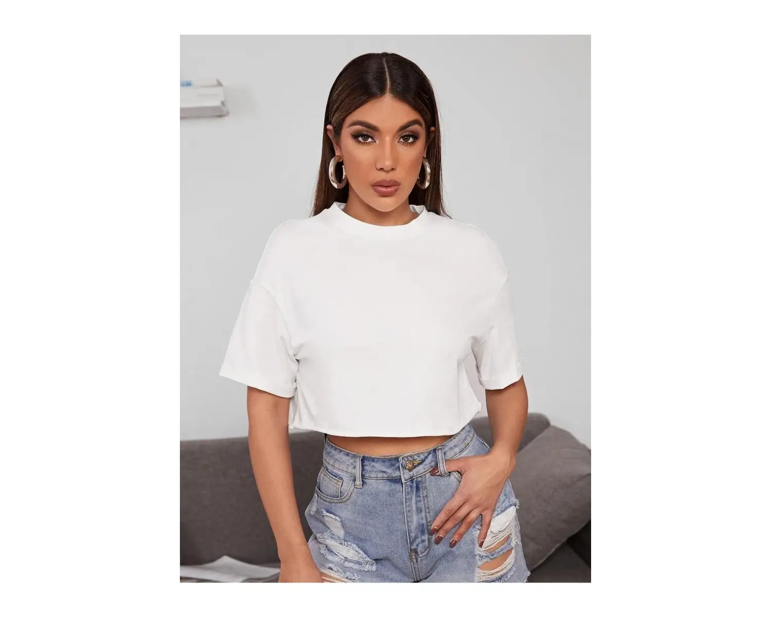 Kadın Beyaz Bisiklet Yaka Oversize Crop T-shirt