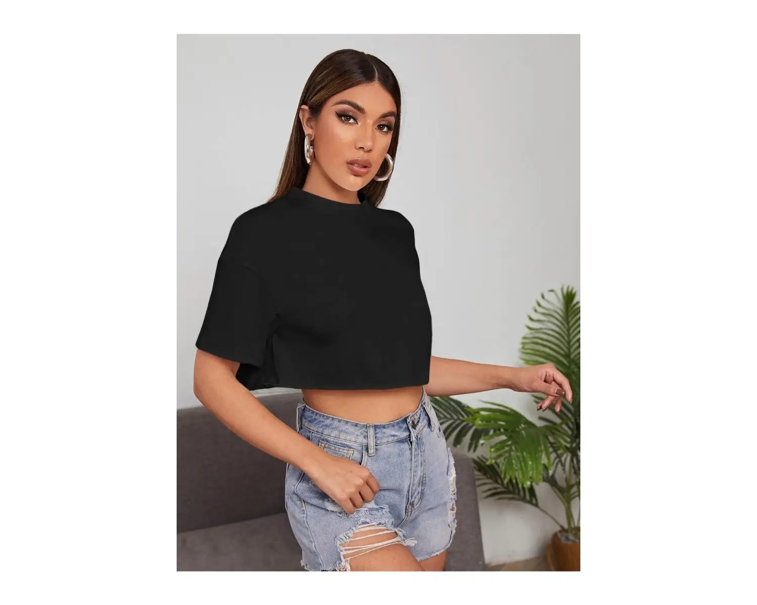 Kadın Beyaz Bisiklet Yaka Oversize Crop T-shirt