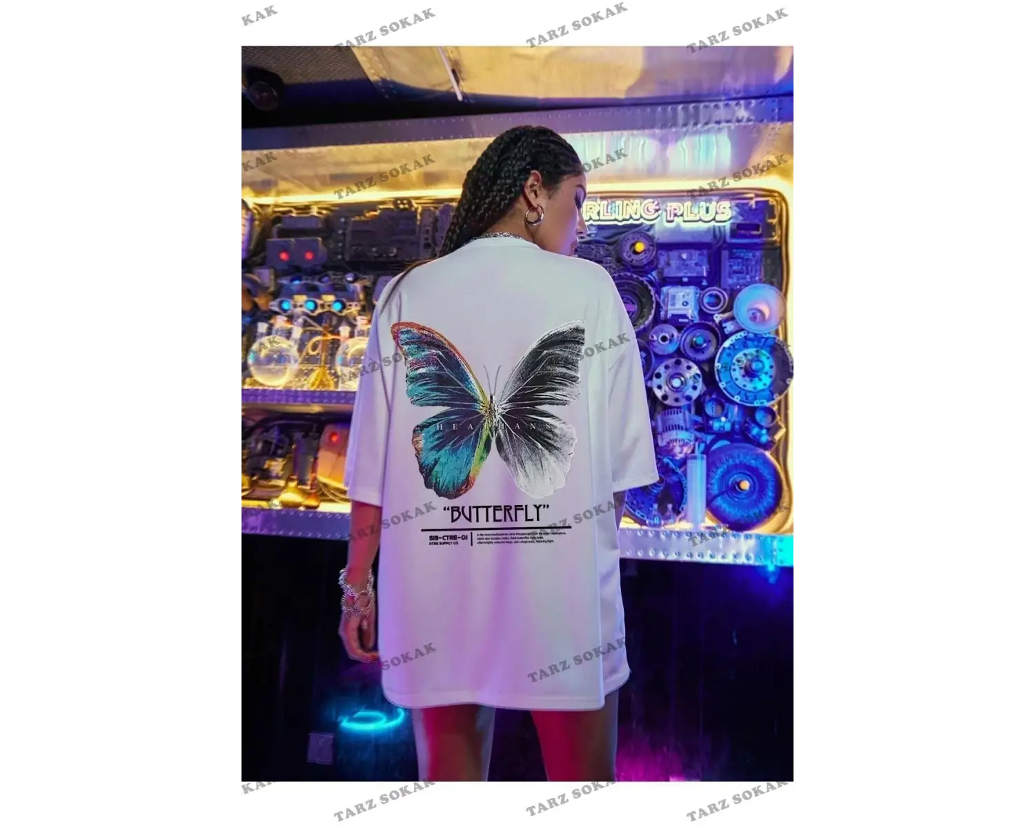 Kadın Beyaz Butterfly Ön Arka Baskılı Oversize