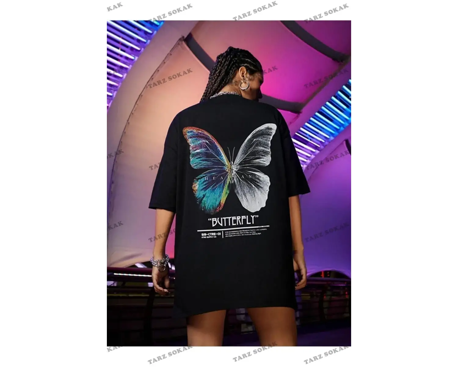 Kadın Beyaz Butterfly Ön Arka Baskılı Oversize