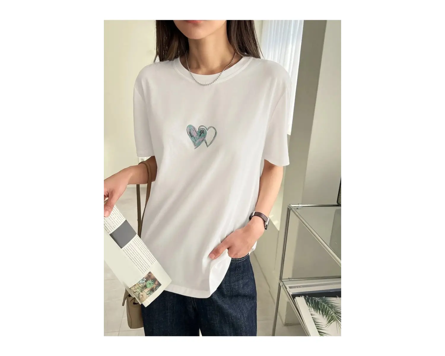Kadın Beyaz Çift Heart Baskılı Oversize T-shirt