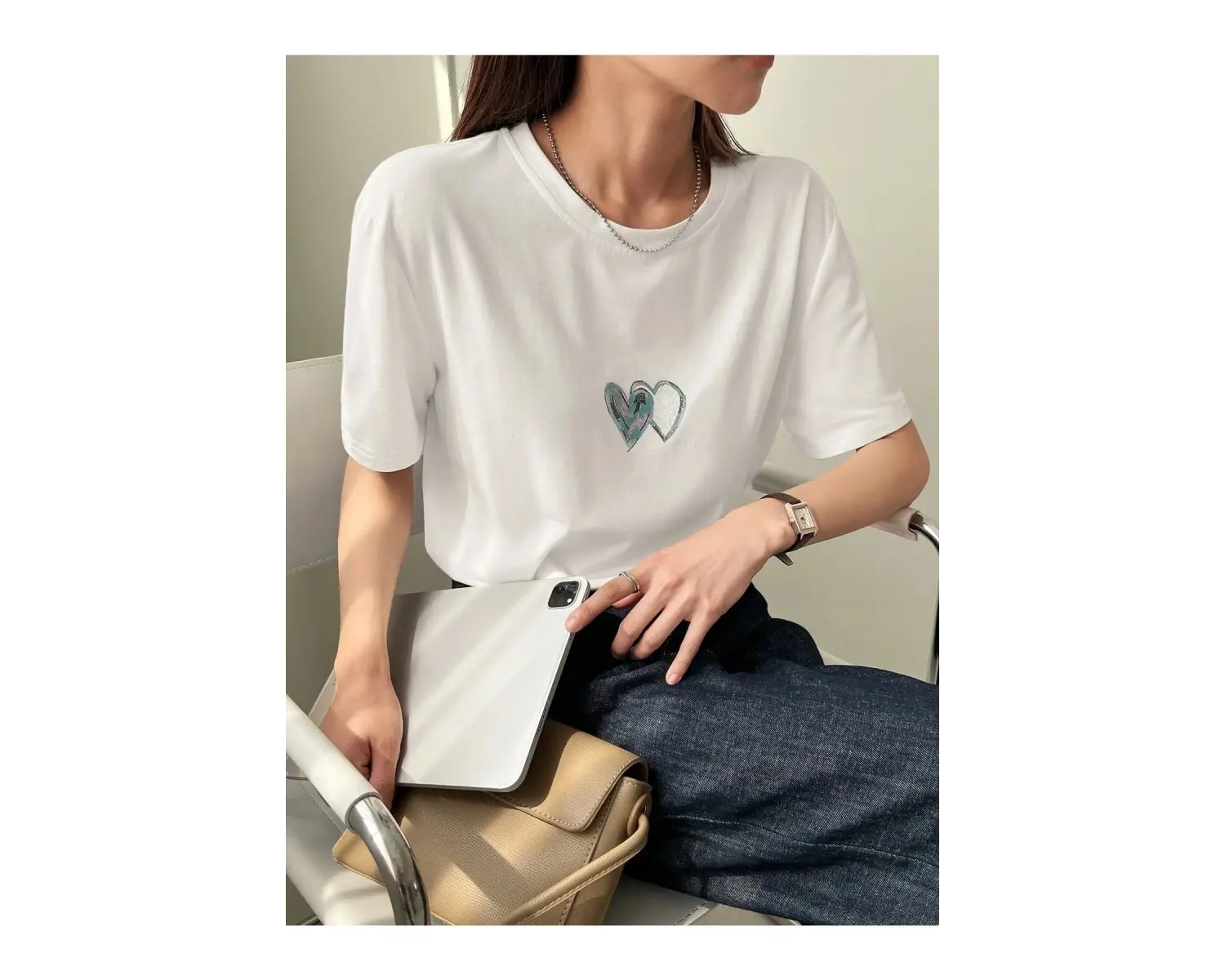 Kadın Beyaz Çift Heart Baskılı Oversize T-shirt