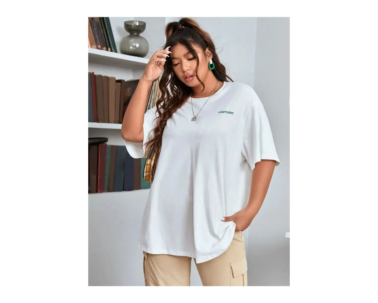 Kadın Beyaz Confied Baskılı Bisiklet Yaka Tshirt