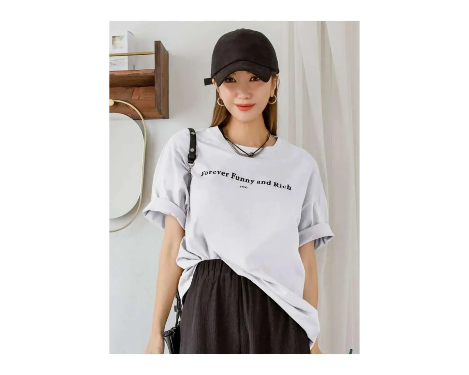 Kadın Beyaz Funny And Rich Baskılı Oversize T-Shirt