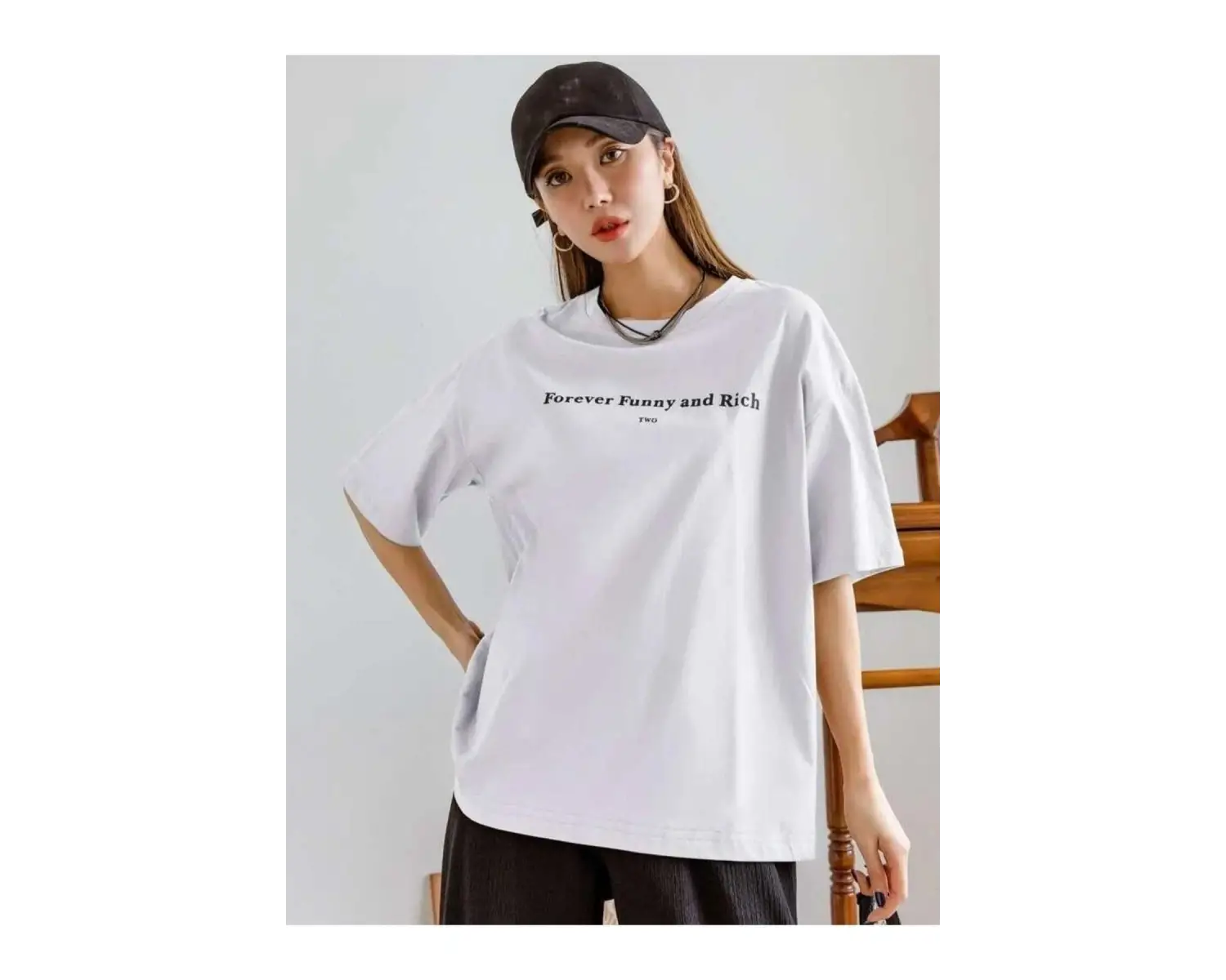 Kadın Beyaz Funny And Rich Baskılı Oversize T-Shirt