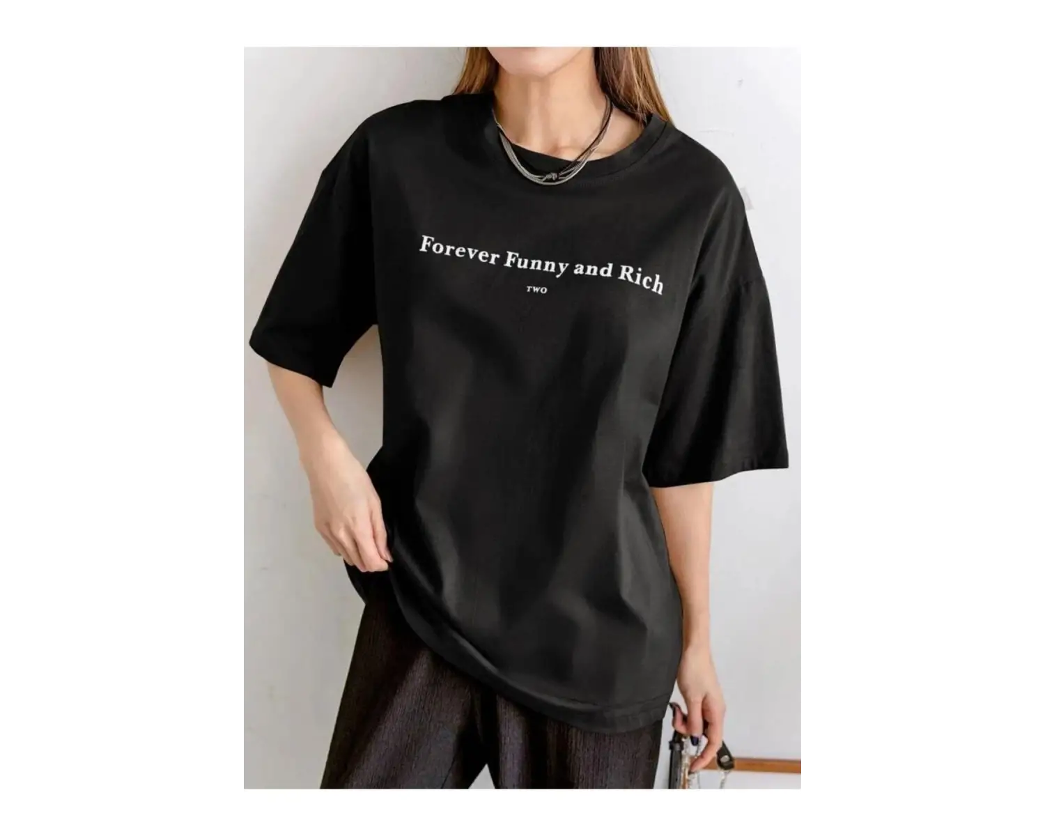 Kadın Beyaz Funny And Rich Baskılı Oversize T-Shirt