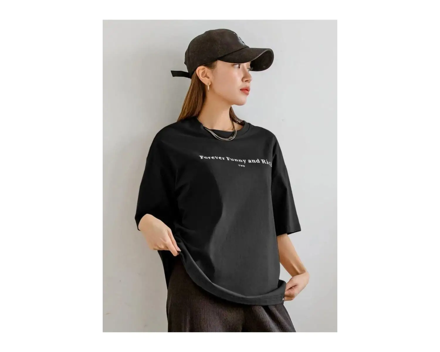 Kadın Beyaz Funny And Rich Baskılı Oversize T-Shirt