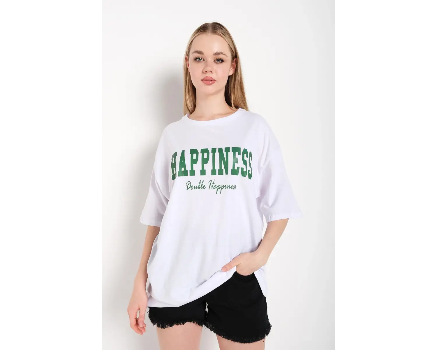 Kadın Beyaz Happıness Baskılı Oversize Tshirt