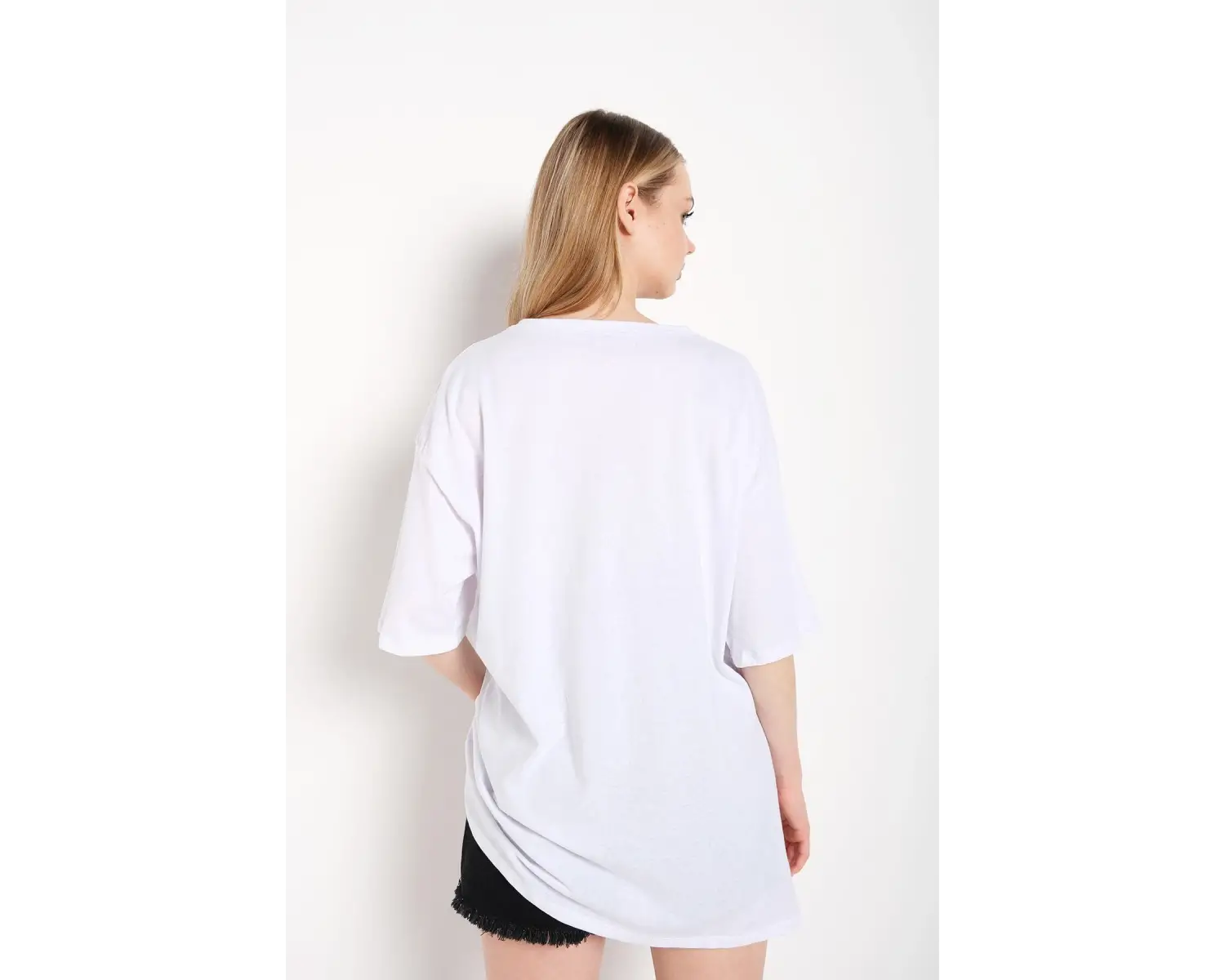 Kadın Beyaz Happıness Baskılı Oversize Tshirt