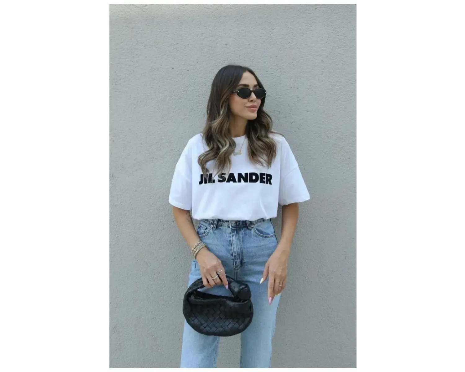 Kadın Beyaz Jıl Sander Baskılı Oversize Bisiket Yaka Tişört