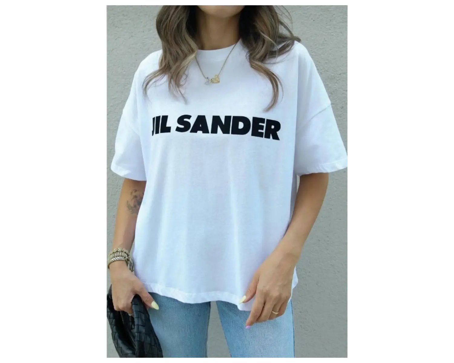 Kadın Beyaz Jıl Sander Baskılı Oversize Bisiket Yaka Tişört