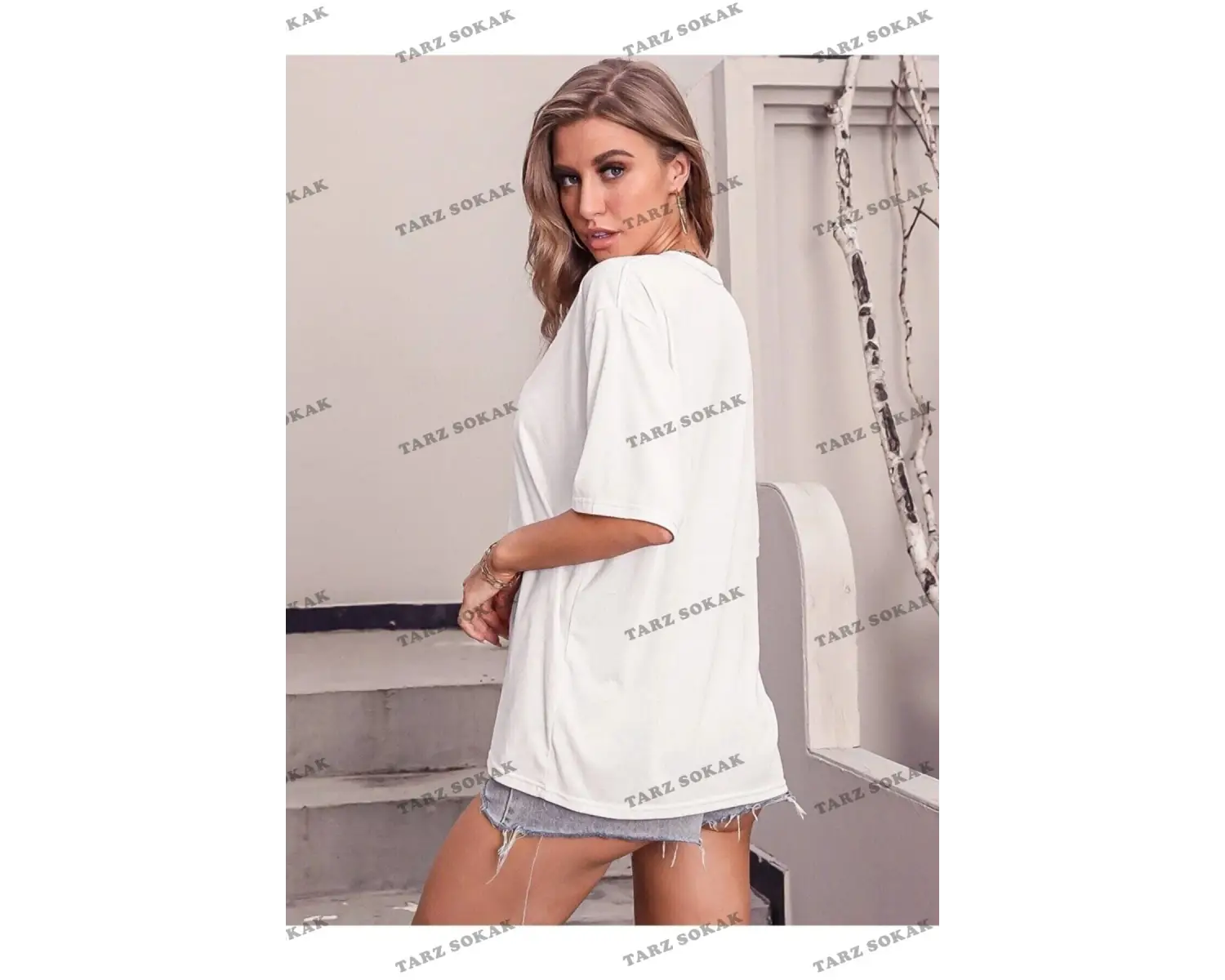 Kadın Beyaz Kalp Baskılı Oversize