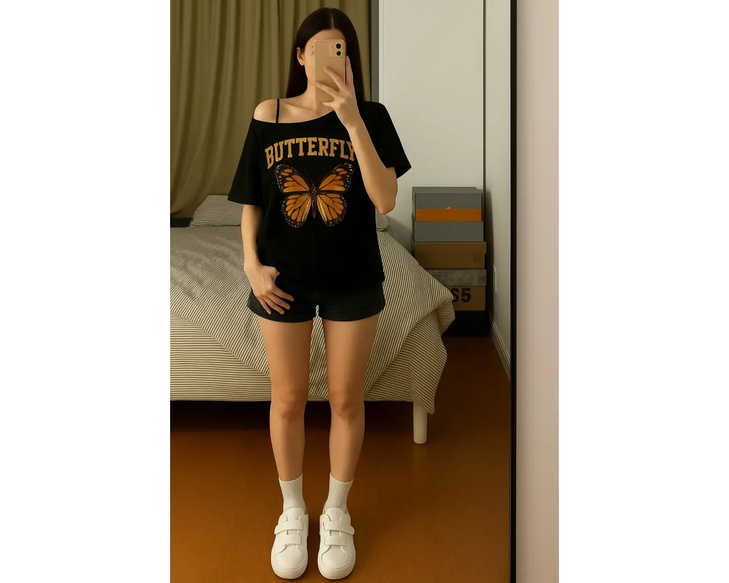 Kadın Beyaz Kayık Yaka Baskılı Kısa Kol %100 Pamuk