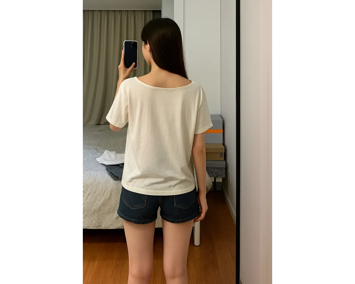 Kadın Beyaz Kayık Yaka Baskılı Kısa Kol %100 Pamuk