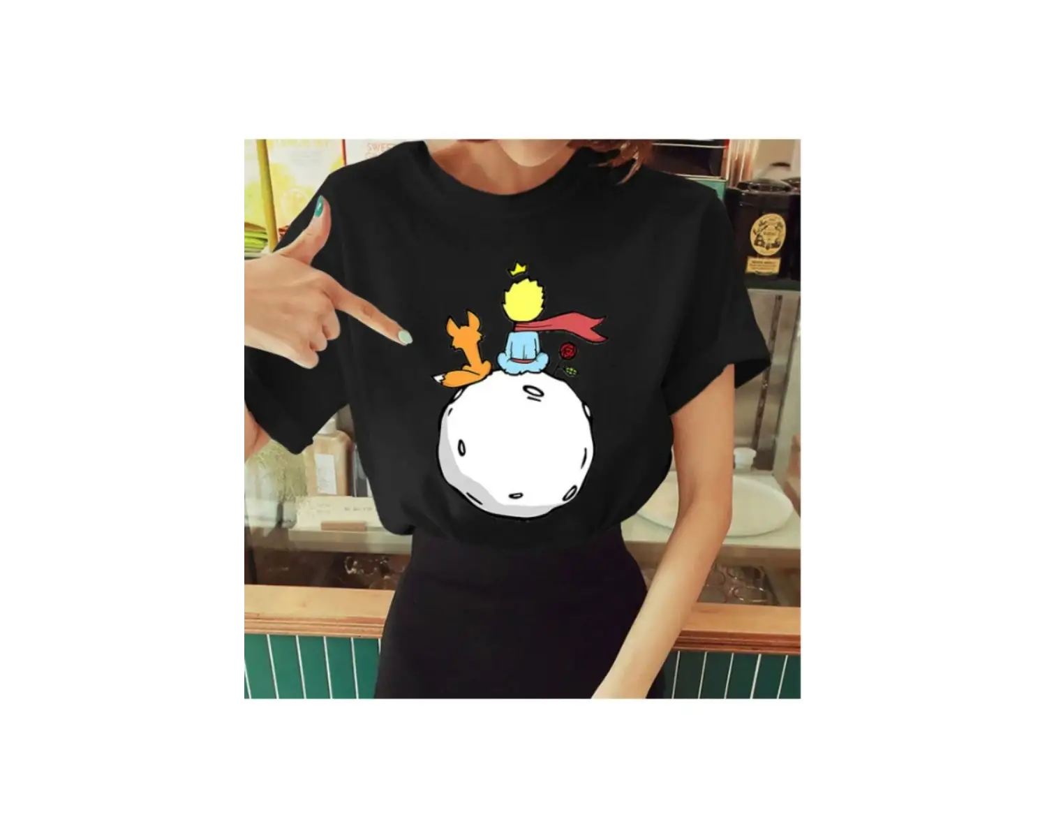 Kadın Beyaz Küçük Prens Baskılı Bisiklet Yaka Oversize Geniş Kalıp T-shirt Tişört