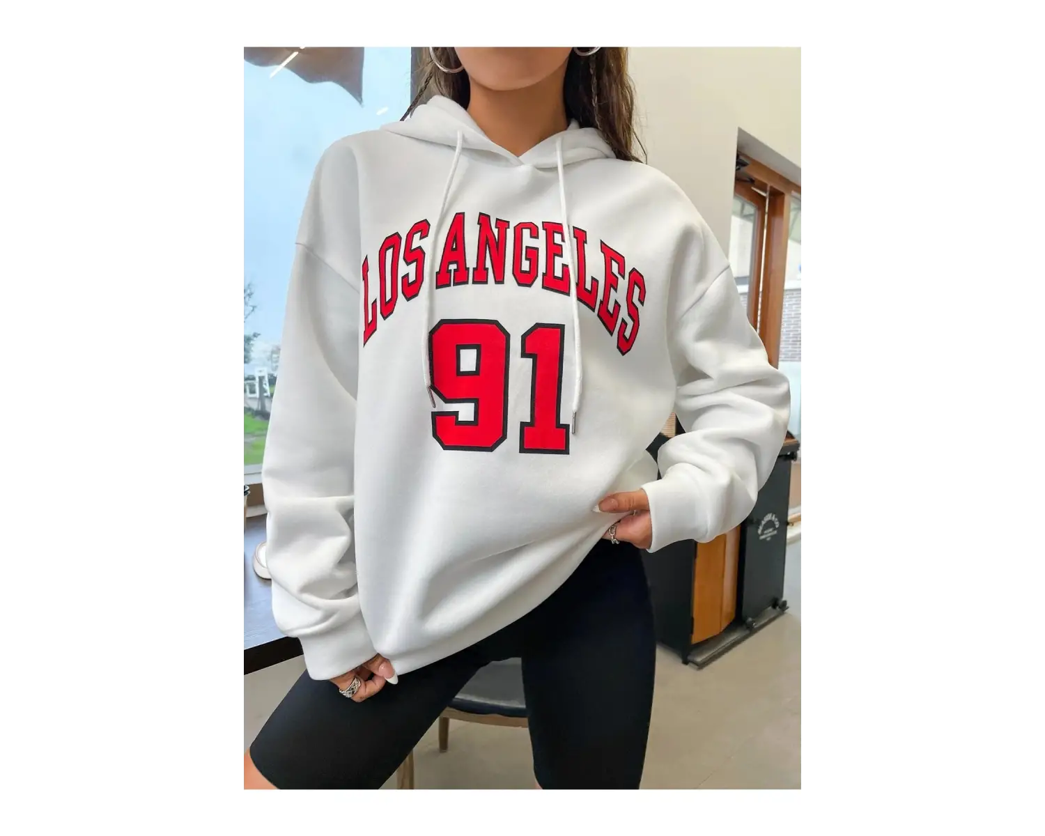 Kadın Beyaz Los Angeles 91 Baskılı Kapüşonlu Sweatshirt