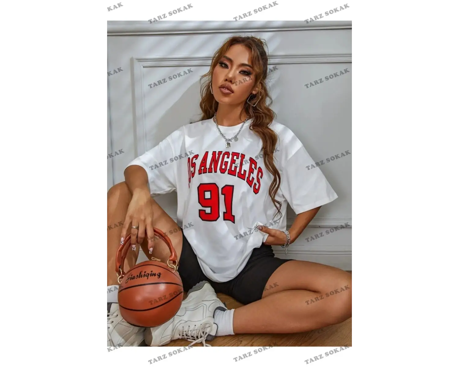 Kadın Beyaz Los Angeles 91 Baskılı Oversize