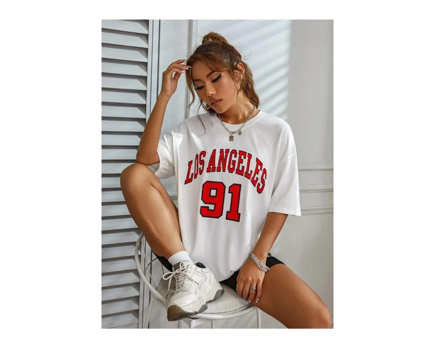 Kadın Beyaz Los Angeles 91 Baskılı Oversize Tişört