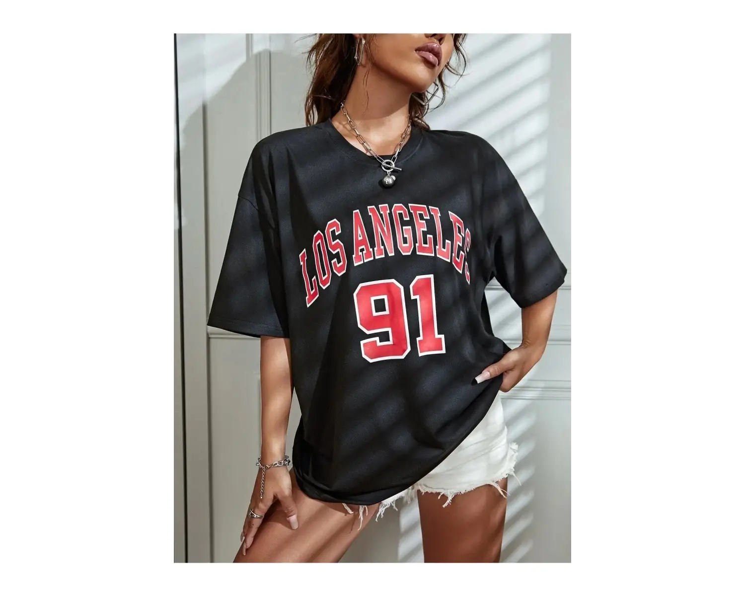 Kadın Beyaz Los Angeles 91 Baskılı Oversize Tişört