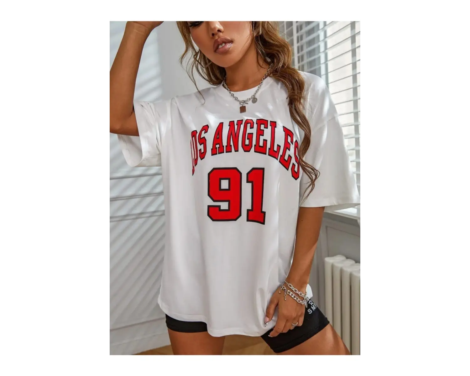 Kadın Beyaz Los Angeles 91 Baskılı Oversize Tişört