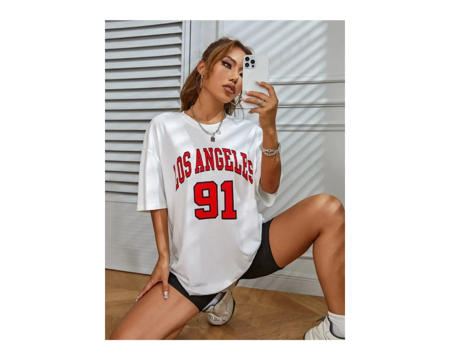 Kadın Beyaz Los Angeles 91 Baskılı Oversize Tişört