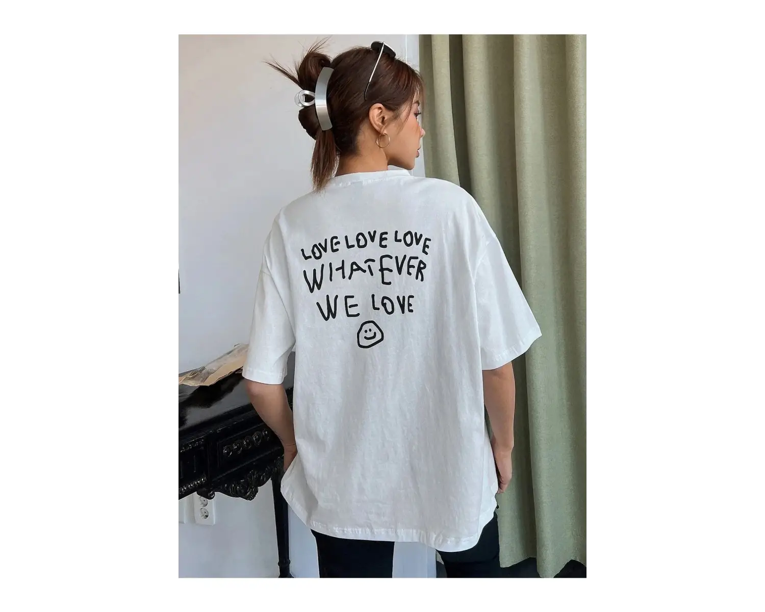 Kadın Beyaz Love Love Love Baskılı Oversize T-shirt