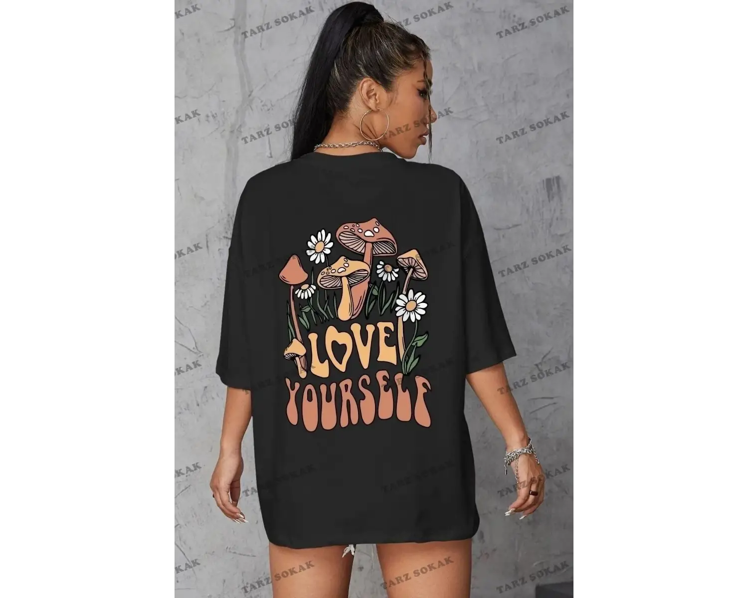 Kadın Beyaz Love Yourself Baskılı Oversize