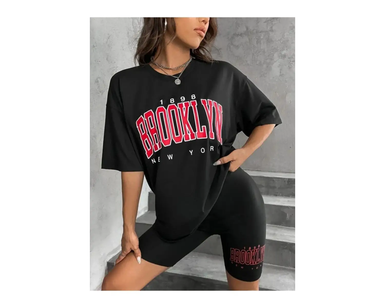 Kadın Beyaz Mavi Brooklyn Bisiklet Yaka Tshirt