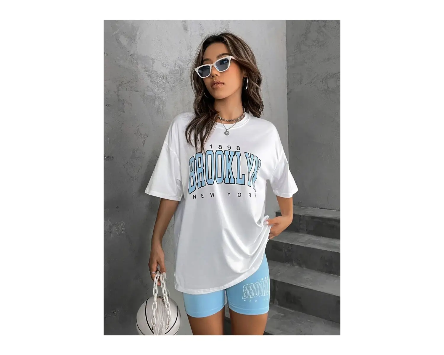 Kadın Beyaz Mavi Brooklyn Bisiklet Yaka Tshirt