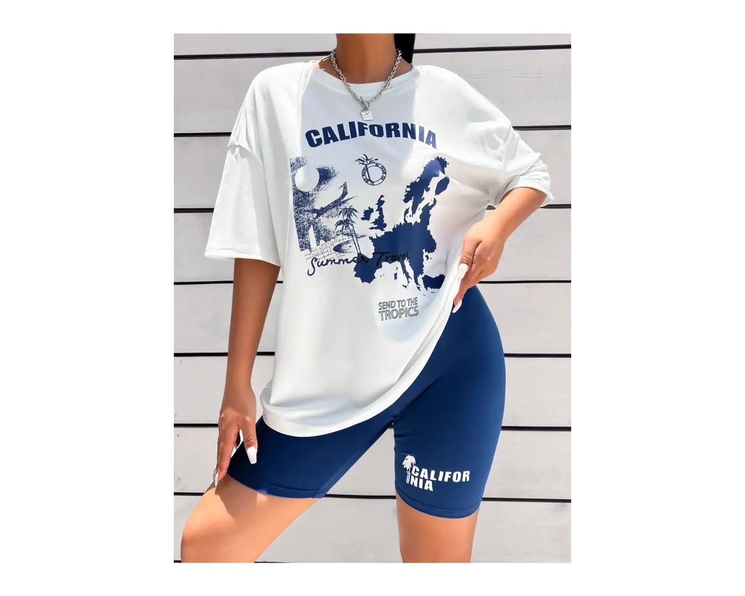 Kadın Beyaz Mavi Calıfornıa Baskılı Bisiklet Yaka Tshirt