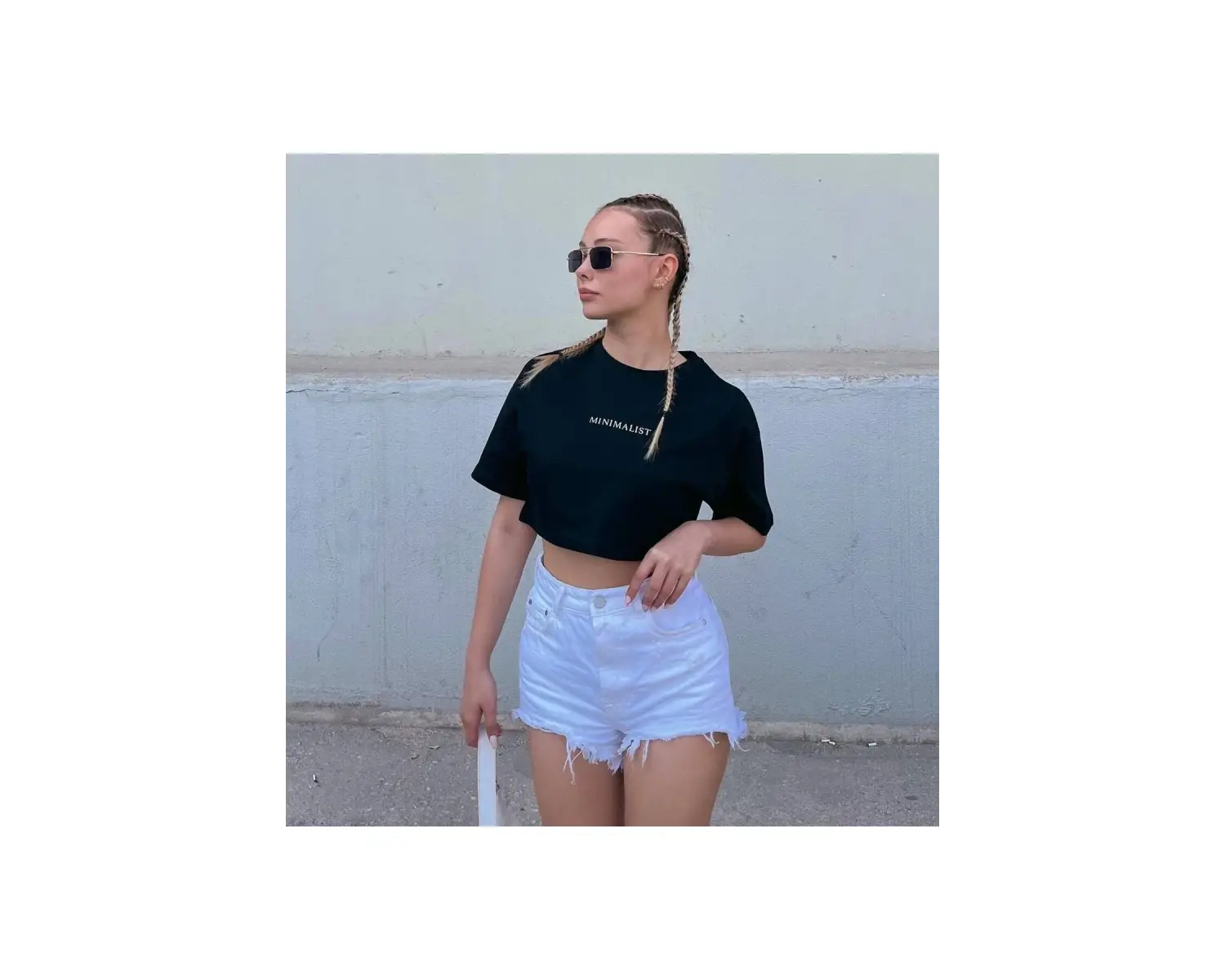 Kadın Beyaz Minimalist Baskılı Oversize Crop