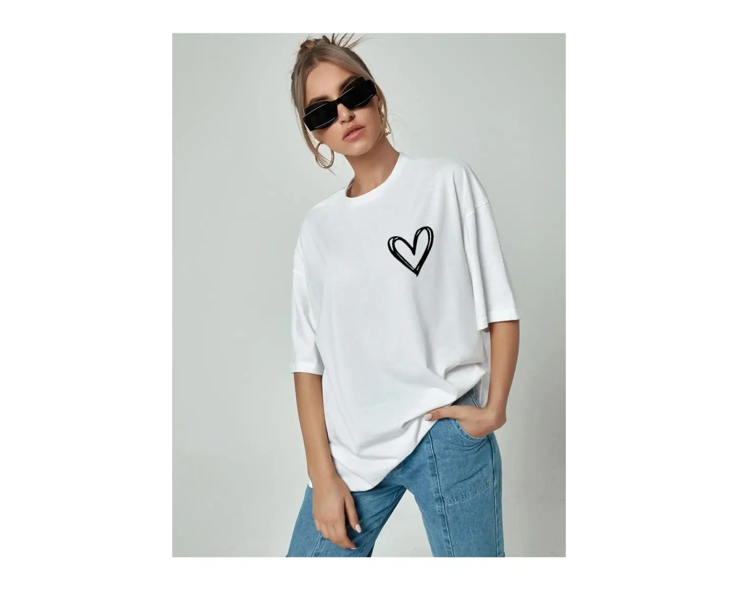 Kadın Beyaz Önü Güneş Baskılı Bisiklet Yaka Oversize Pamuklu T-shirt