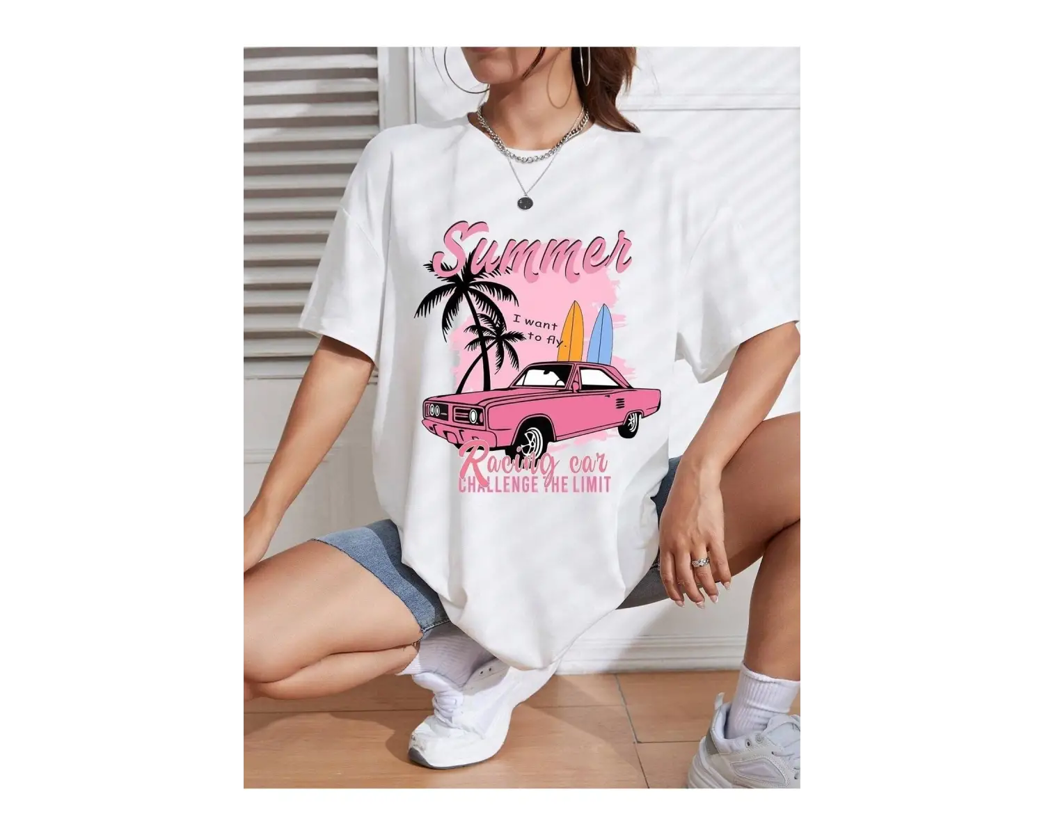 Kadın Beyaz Summer Racing Car Baskılı Oversize T-shirt