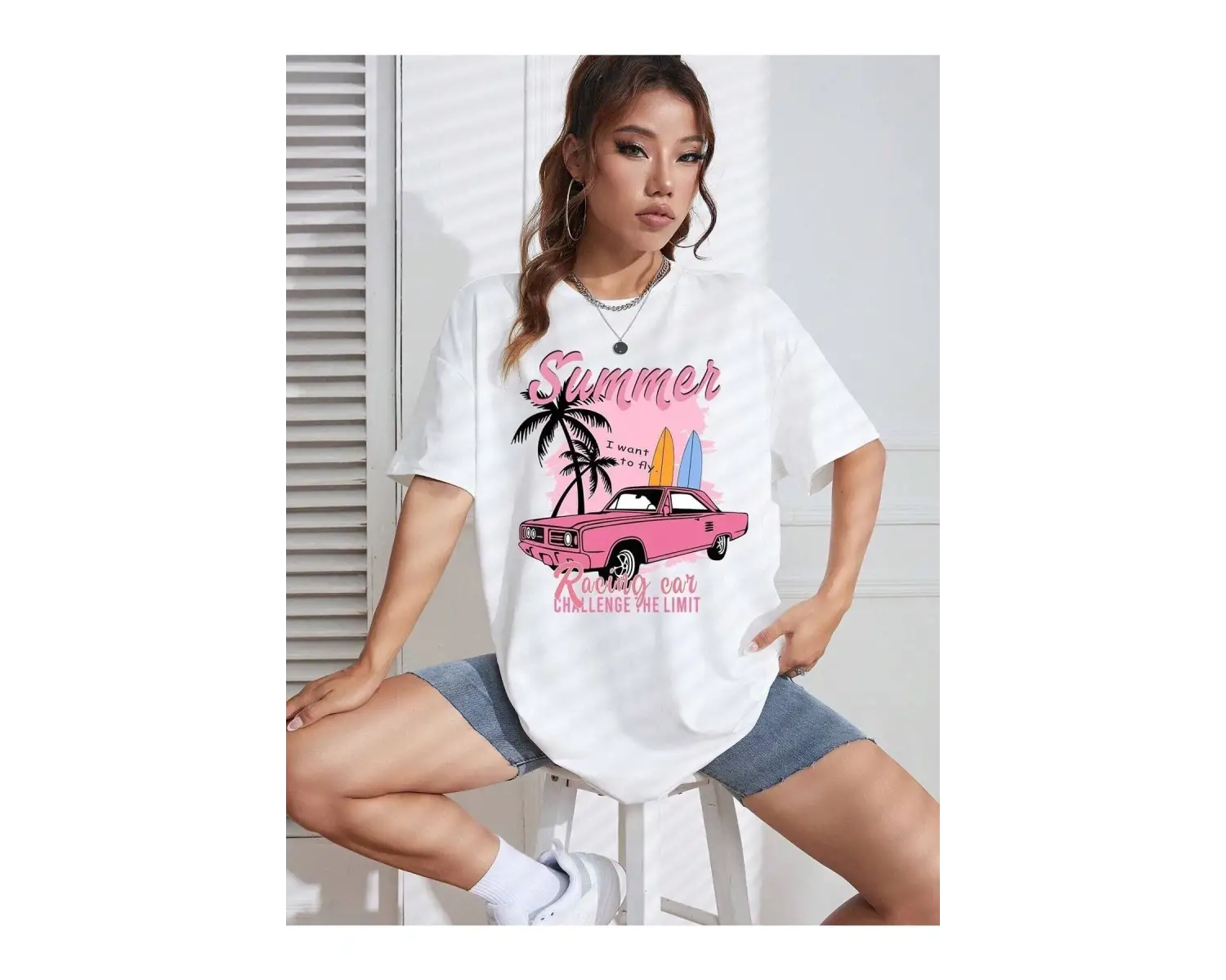 Kadın Beyaz Summer Racing Car Baskılı Oversize T-shirt