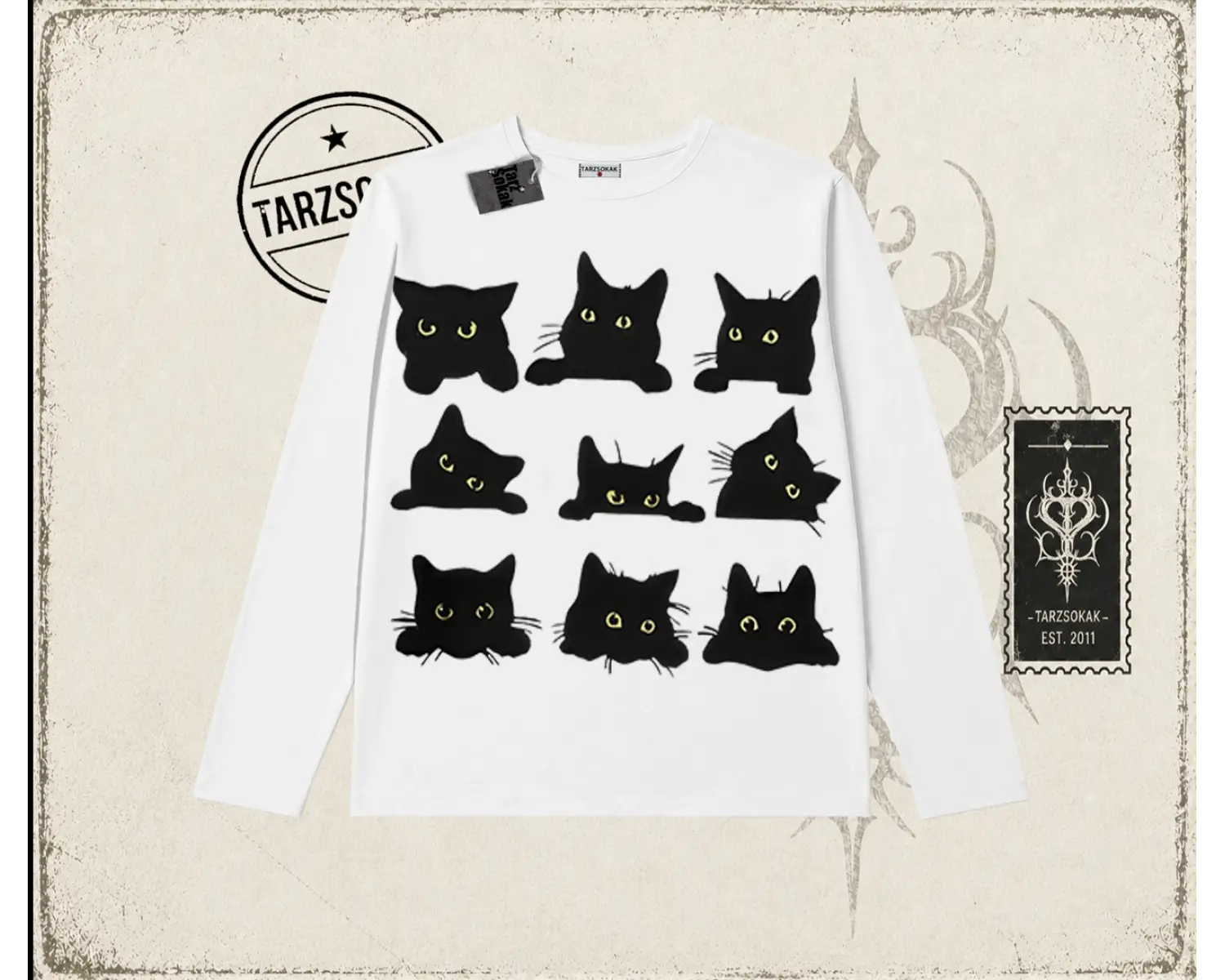 Kadın Black Cats Biskilet Yaka  Long Sleeve Beyaz
