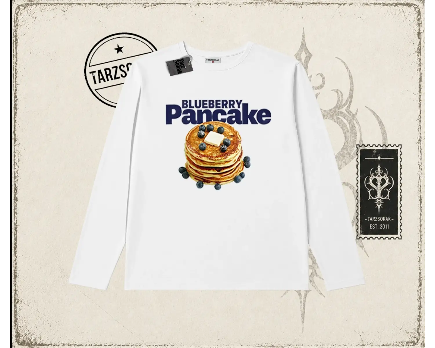 Kadın Blueberry Pancake Biskilet Yaka  Long Sleeve Beyaz