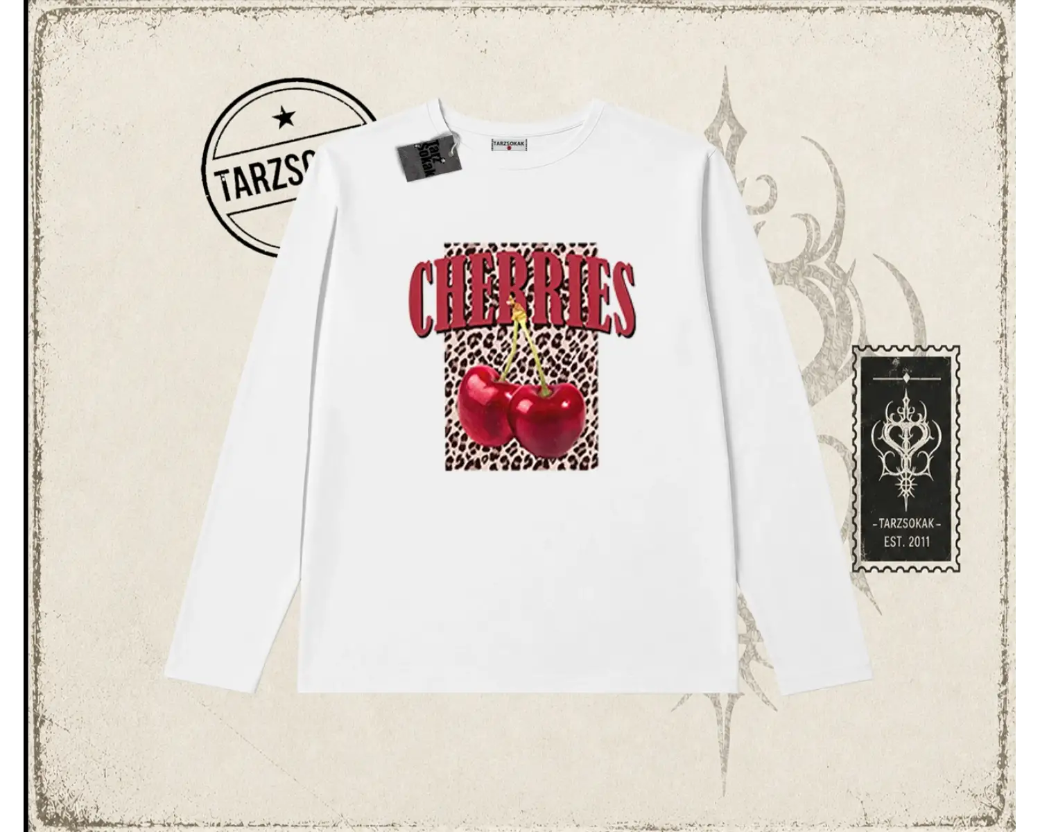 Kadın Cherries Leopar Biskilet Yaka  Long Sleeve Beyaz