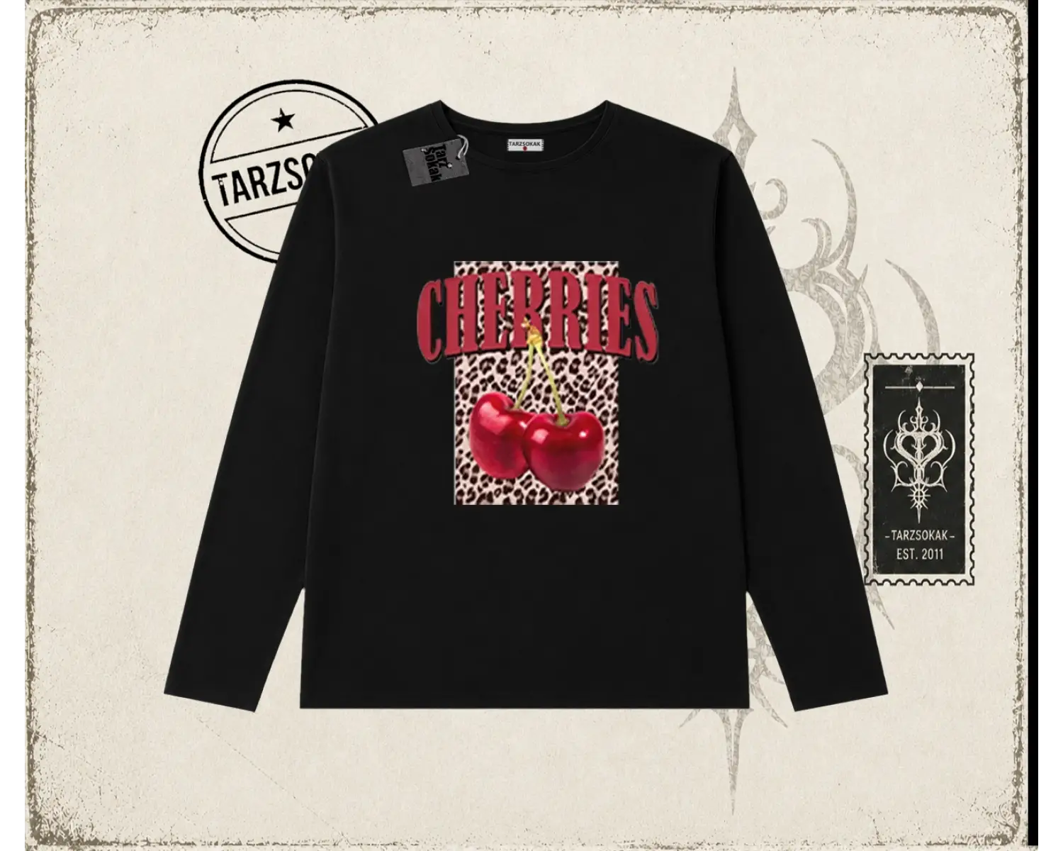 Kadın Cherries Leopar Biskilet Yaka  Long Sleeve Beyaz