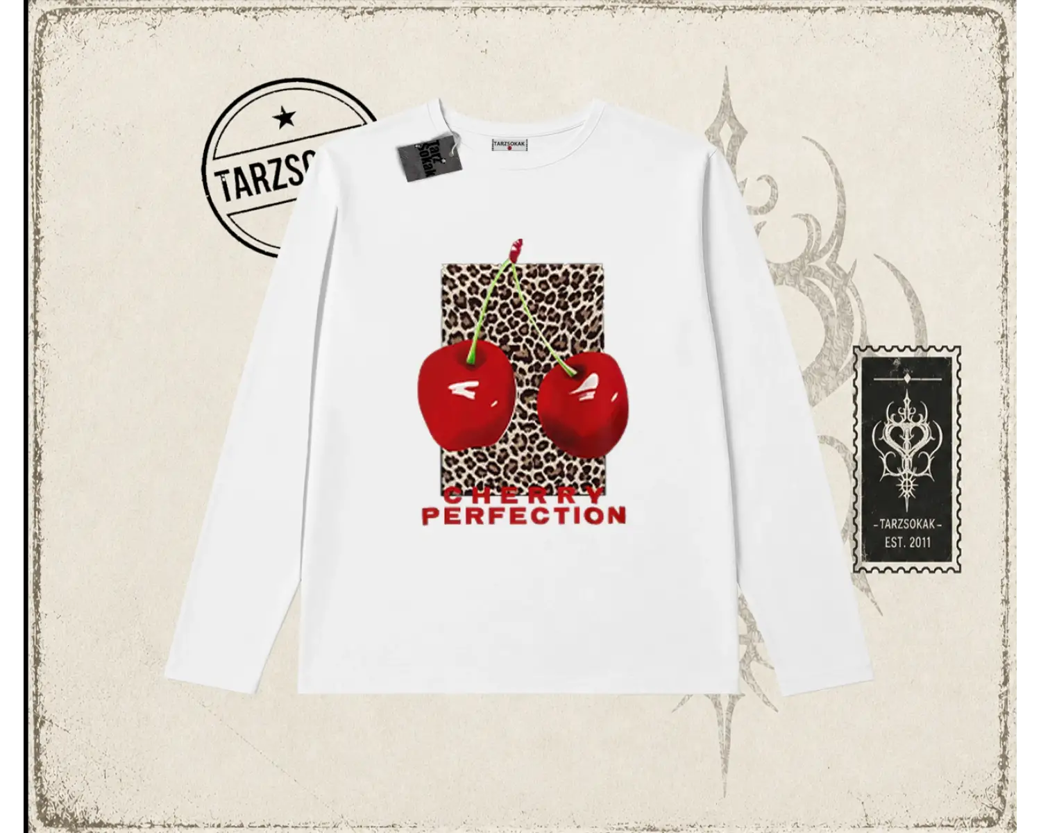 Kadın Cherry Perfection Leopar Biskilet Yaka  Long Sleeve Beyaz
