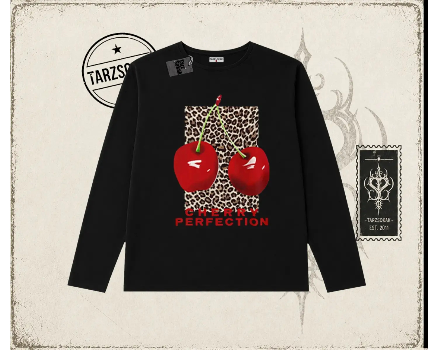 Kadın Cherry Perfection Leopar Biskilet Yaka  Long Sleeve Beyaz