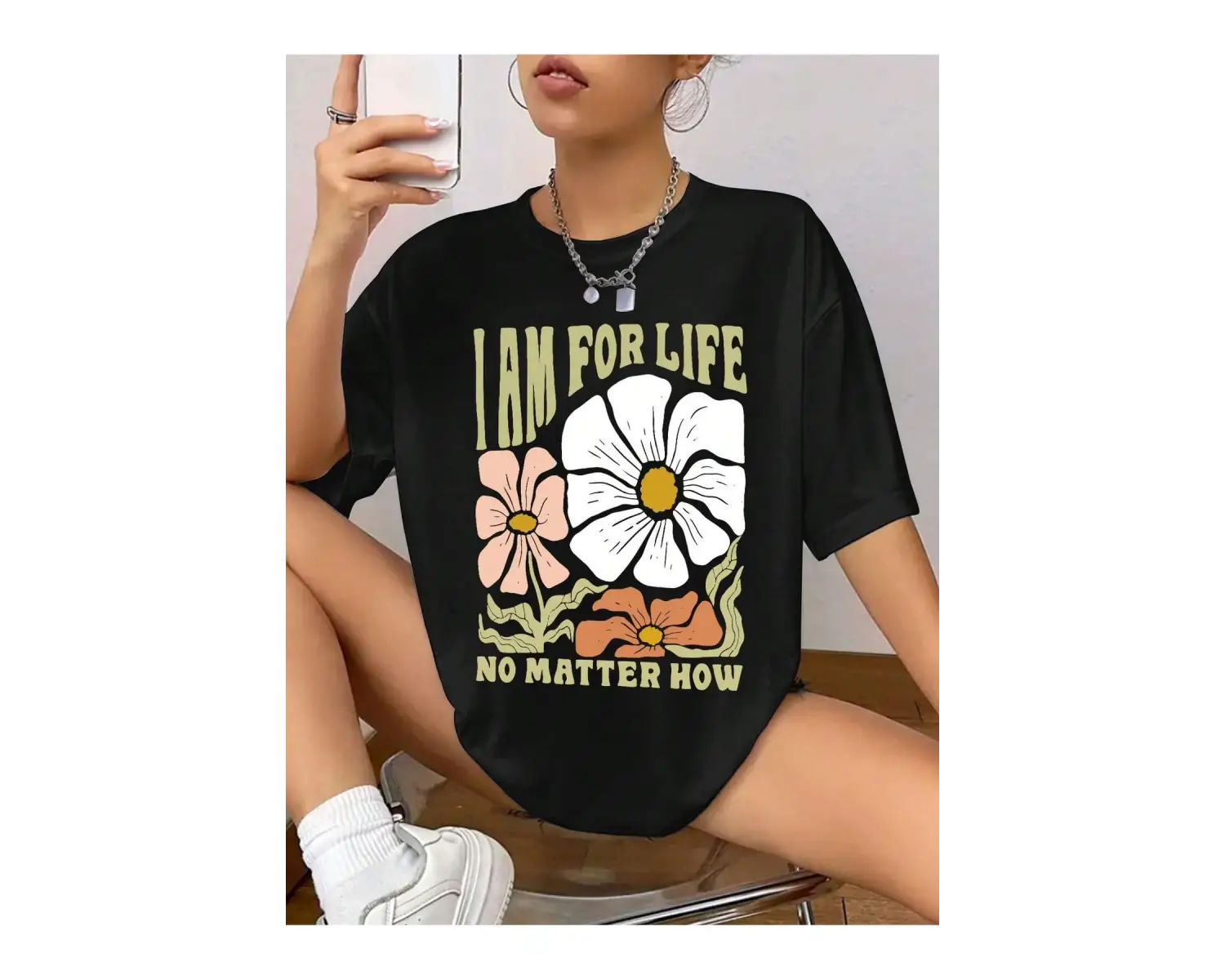 Kadın Çiçek Desenli Bol Kesim Tişört