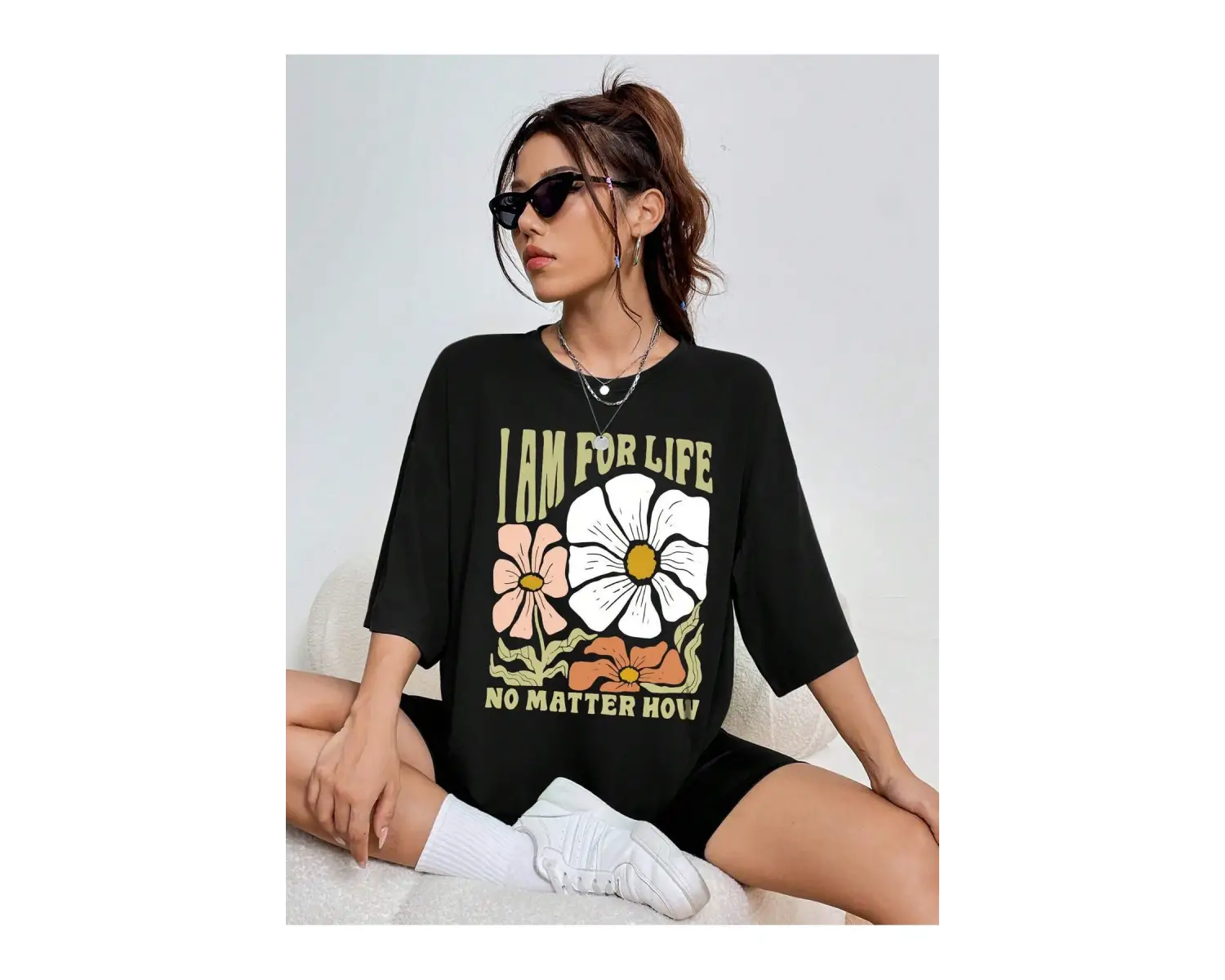 Kadın Çiçek Desenli Bol Kesim Tişört