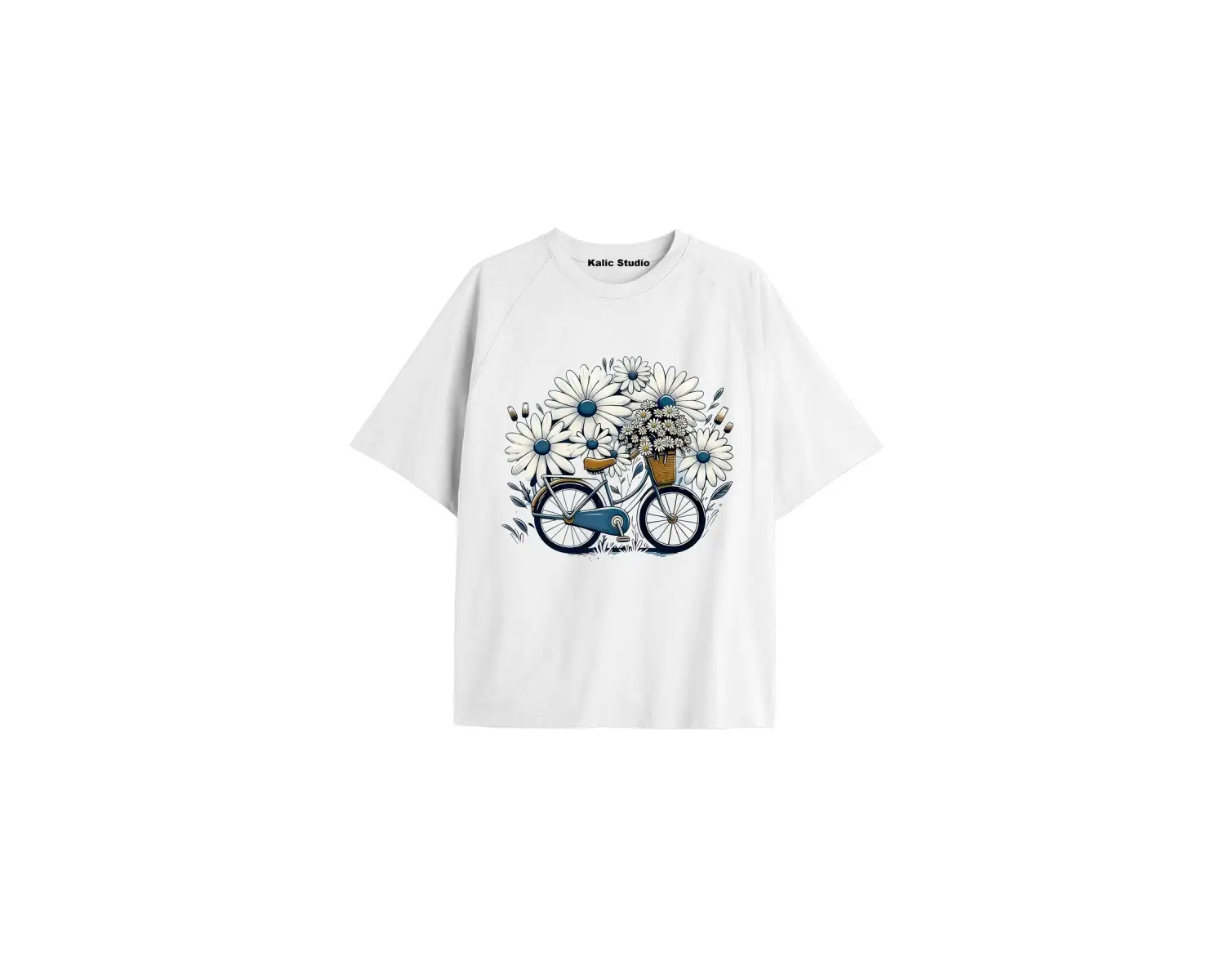 Kadın Çiçek  Özel Baskılı Renkli Oversize Penye Pamuklu Bisiklet Yaka T-Shirt