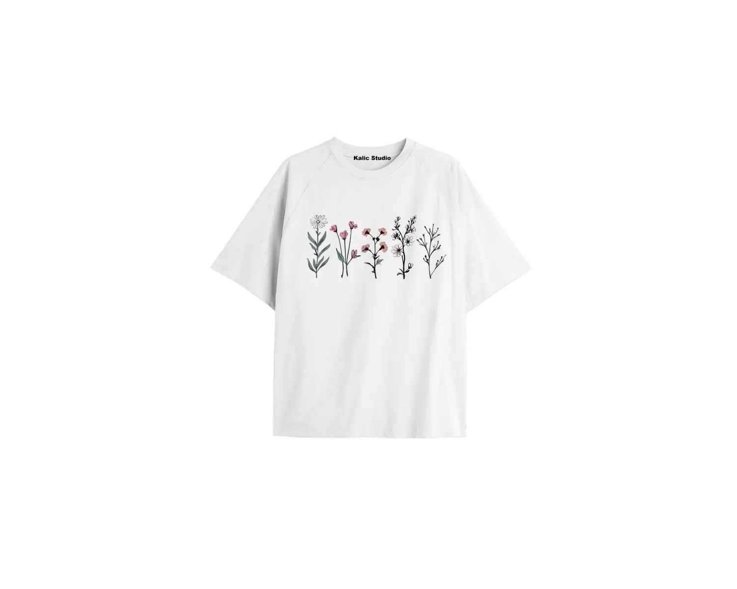 Kadın Çiçek  Özel Baskılı Renkli Oversize Penye Pamuklu Bisiklet Yaka T-Shirt