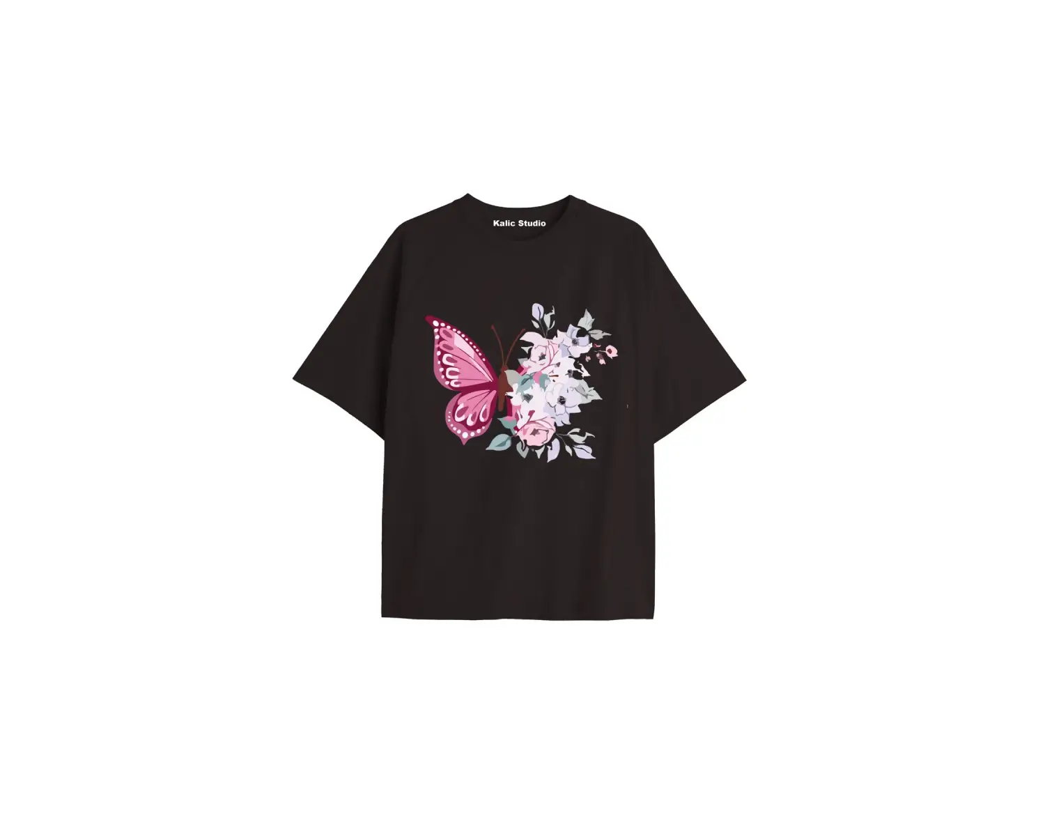 Kadın Çiçek  Özel Baskılı Renkli Oversize Penye Pamuklu Bisiklet Yaka T-Shirt