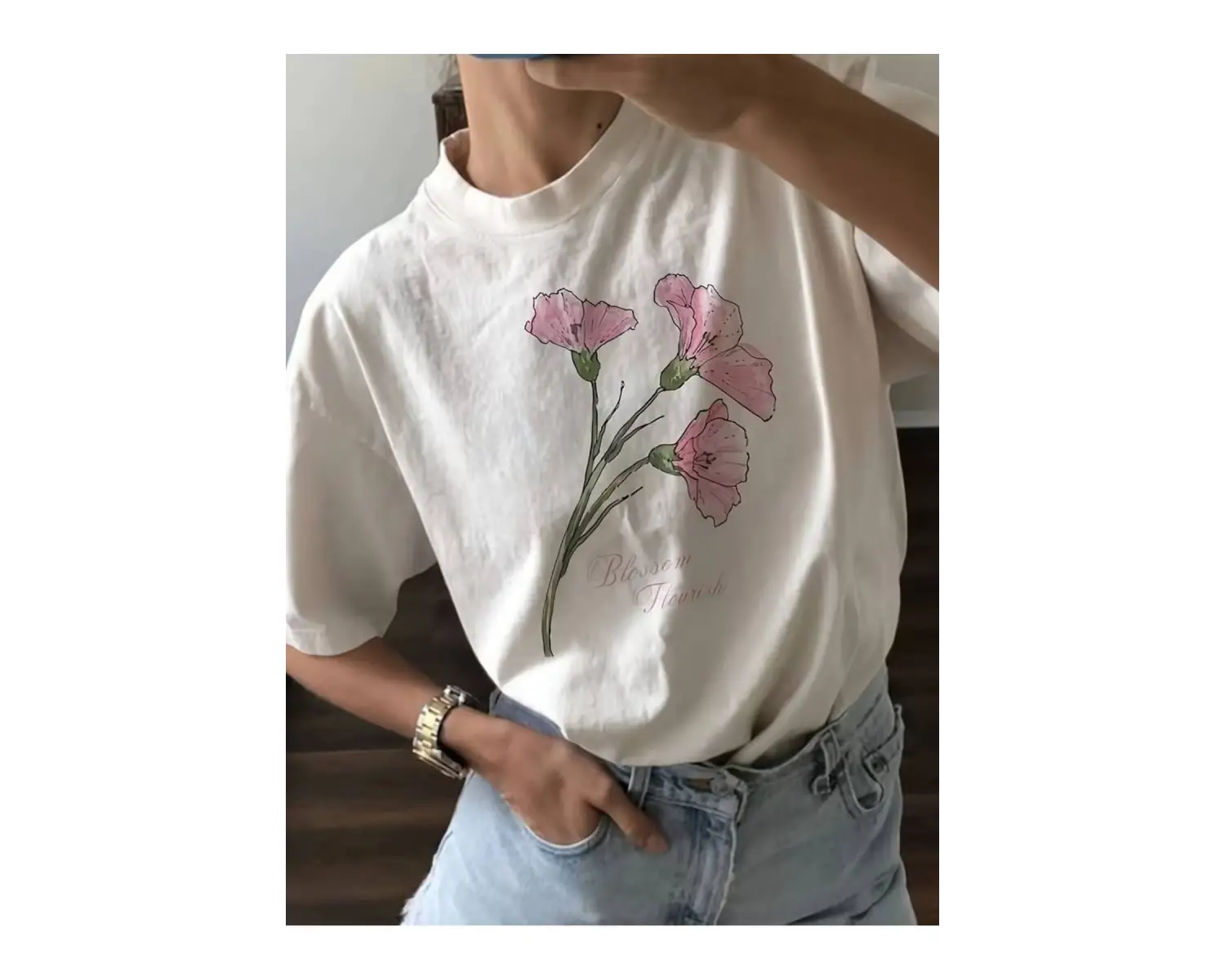 Kadın Çiçekli Baskılı Oversize Kısa Kollu Beyaz Pinterest