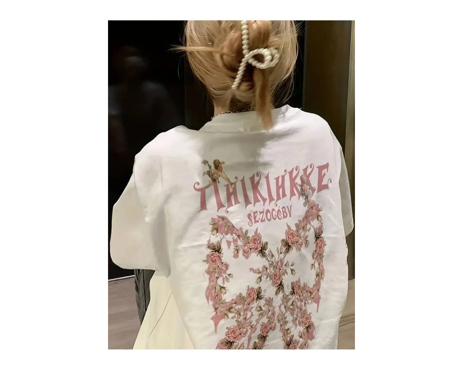 Kadın Çiçekli Baskılı Oversize Kısa Kollu Beyaz Pinterest