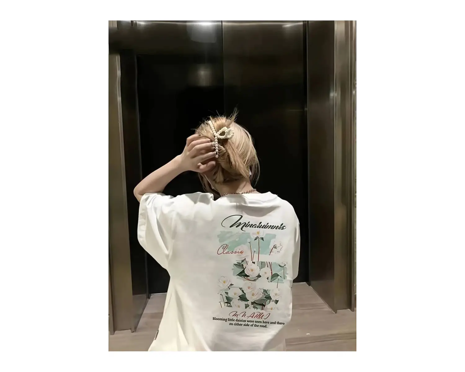 Kadın Çiçekli Baskılı Oversize Kısa Kollu Beyaz Pinterest