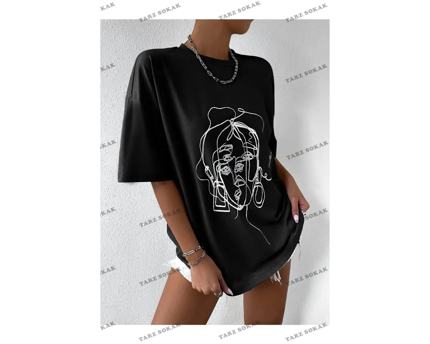 Kadın Çizgili Figür Oversize Siyah