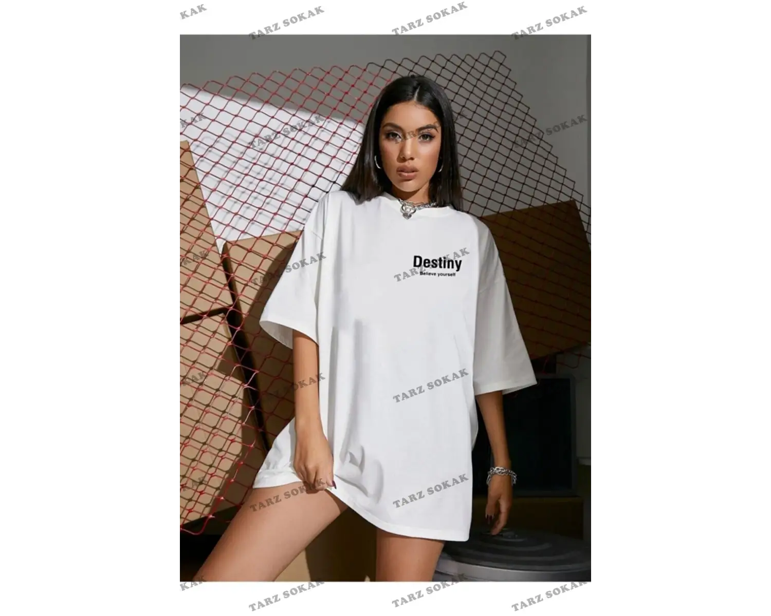 Kadın Destiny Baskılı Oversize Penye T-shirt